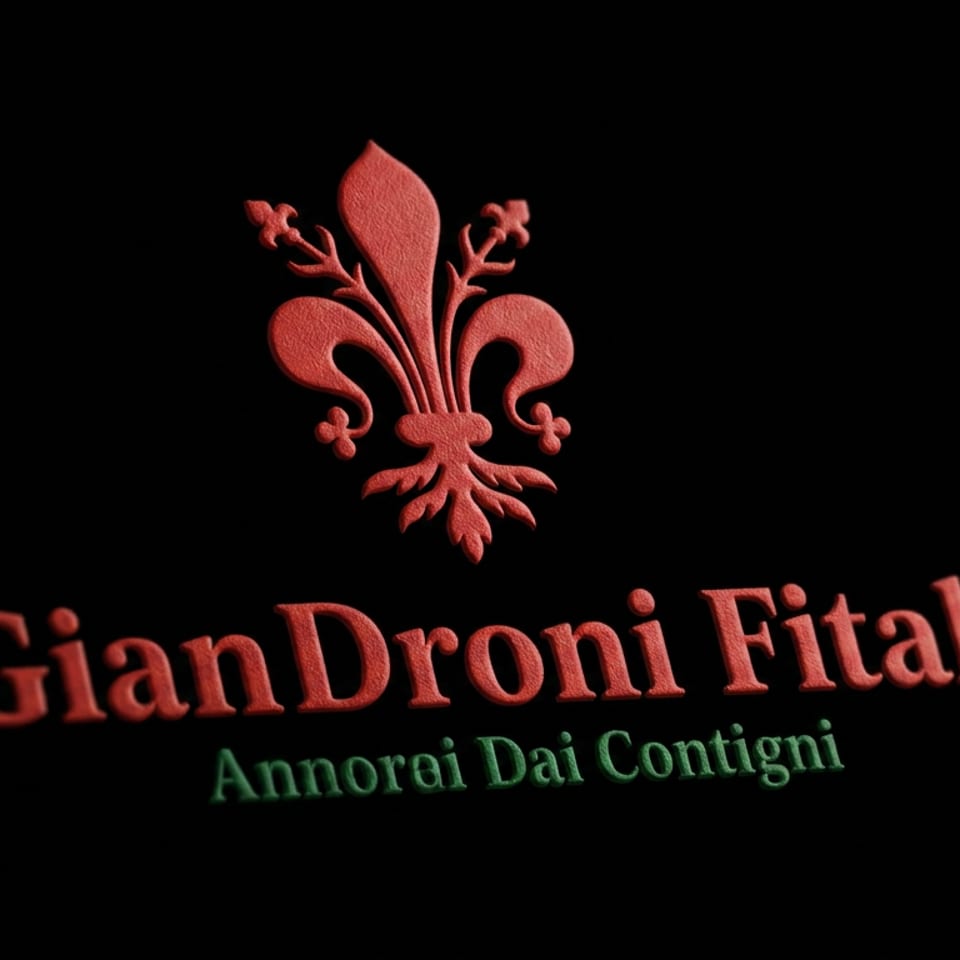 Red Gian Droni Fitah logo with a decorative emblem and green Italian tagline on a black background.