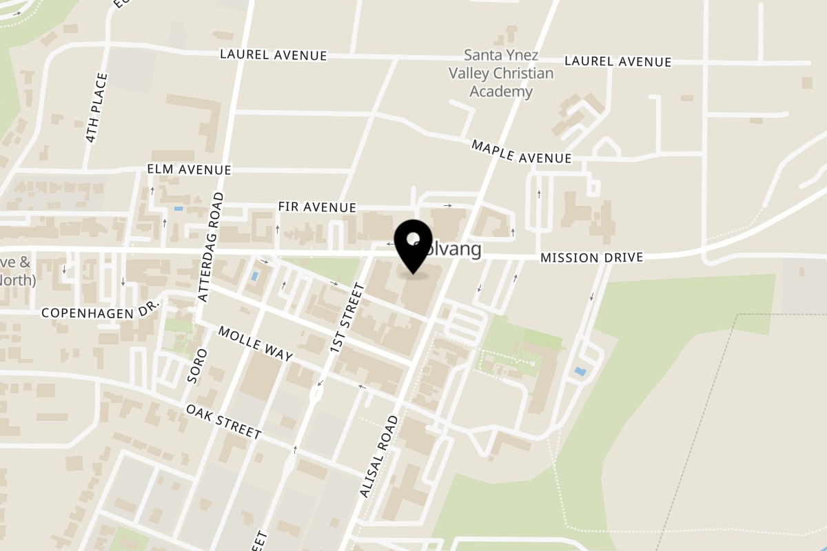 Map showing the location of Toscana Ristorante Pizzeria on 485 Alisal Rd #163 in Solvang
